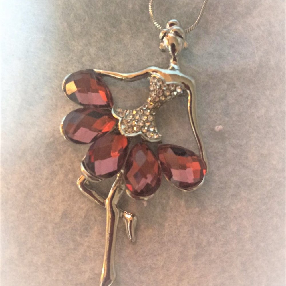 Necklace Ballerina Dance Girl , red stones , New , Silver and red